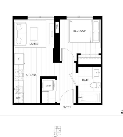 Floor Plan  A black and white floor plan of a small apartment with a living room, kitchen, bathroom, and bedroom.