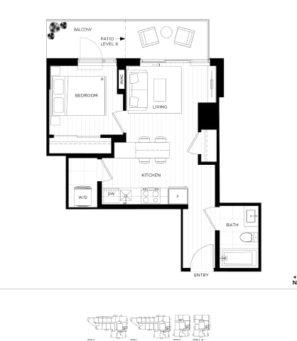 Floor Plan  A black and white floor plan of an apartment with a balcony, living room, kitchen, bathroom, and bedroom.