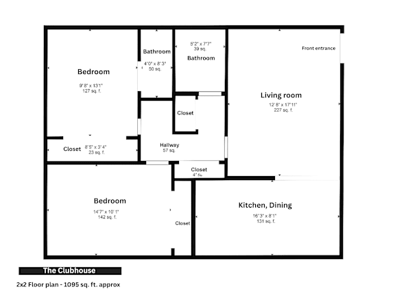 Floor Plan  A floor plan of a clubhouse with a living room, two bedrooms, a kitchen and dining area, and two bathrooms.