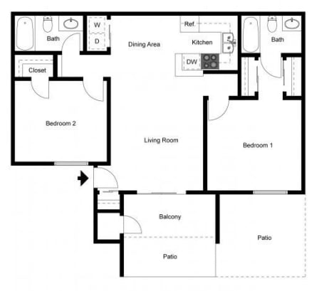 Floor Plan  Two bedroom two bathroom layout at Banbury Dr apartments — Riverside CA 92505