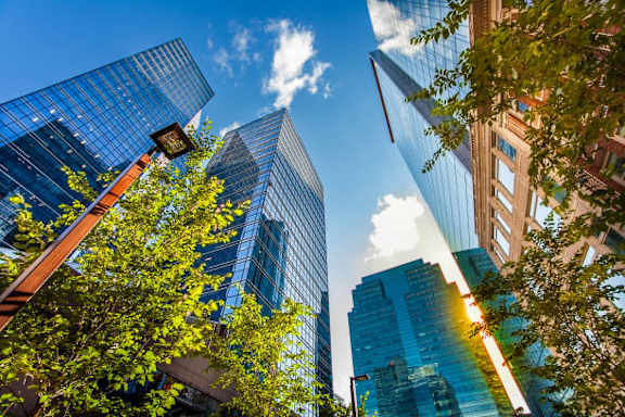 A cityscape with tall buildings and trees in the foreground.