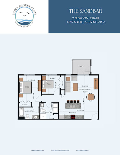 Floor Plan  A floor plan for a property called The Sandbar, which has 2 bedrooms and 2 bathrooms with a total living area of 1,097 square feet.