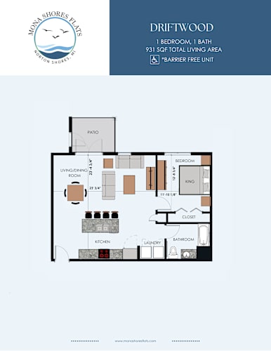Floor Plan  A floor plan for a property at Moka Shores shows a one bedroom, one bath unit with a living/dining area, kitchen, bathroom, and closet.
