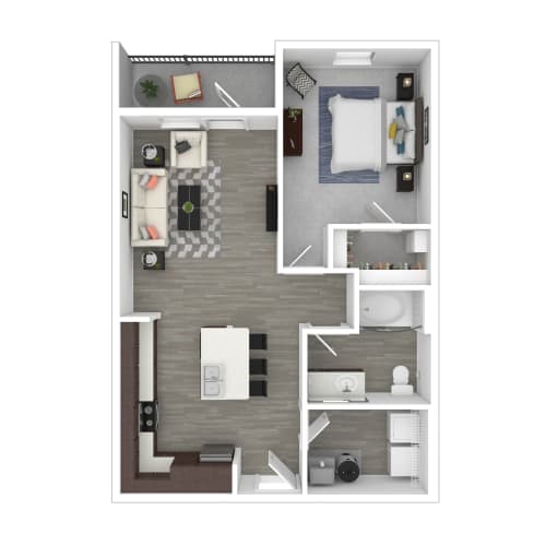 Floor Plan  a 3D floor plan of a one bedroom one bathroom apartment with a balcony in gulf breeze florida