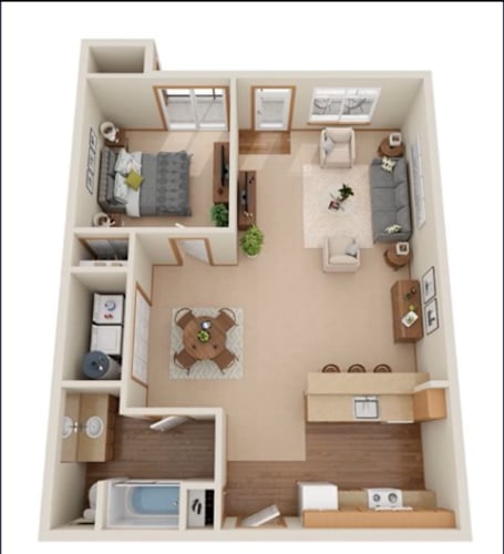 Floor Plan  A 3D floor plan of a small apartment with a kitchen, living room, and bedroom.