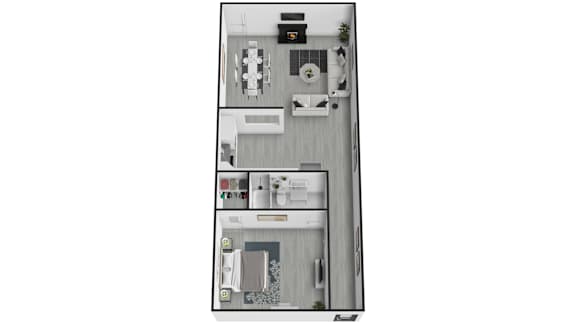 Floor Plan  A small, white, two-level kitchen with a refrigerator, sink, and microwave.