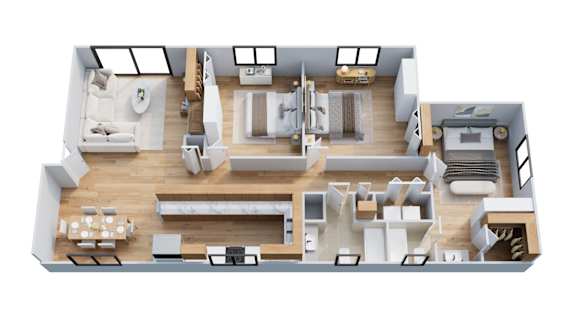 Floor Plan  A top-down view of a modern, open-plan apartment with a kitchen, living room, dining area, and bedrooms.