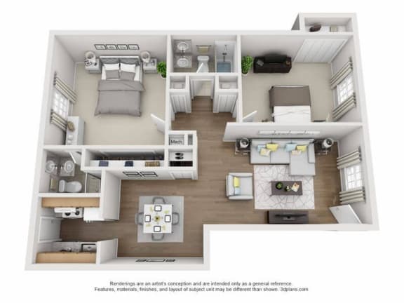 Floor Plan  a bedroom with a bed and a dresser in a room