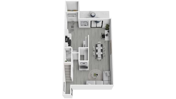 Floor Plan  A white floor plan of a house with a kitchen, living room, and bathroom.