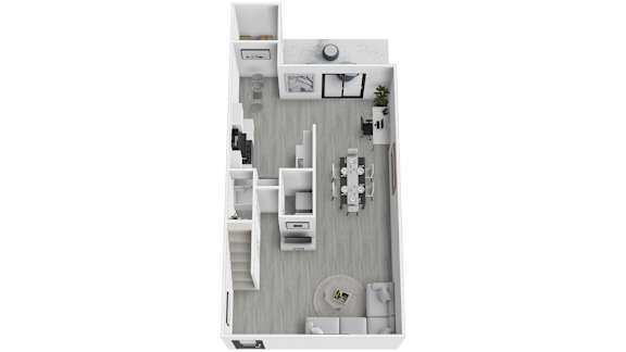 Floor Plan  A floor plan of a small apartment with a kitchen, living room, and bathroom.