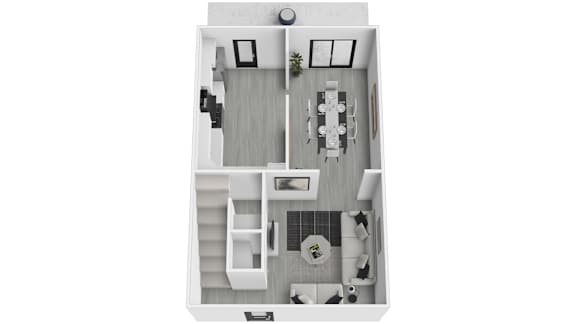 Floor Plan  A top down view of a small apartment with a kitchen, living room, and bathroom.