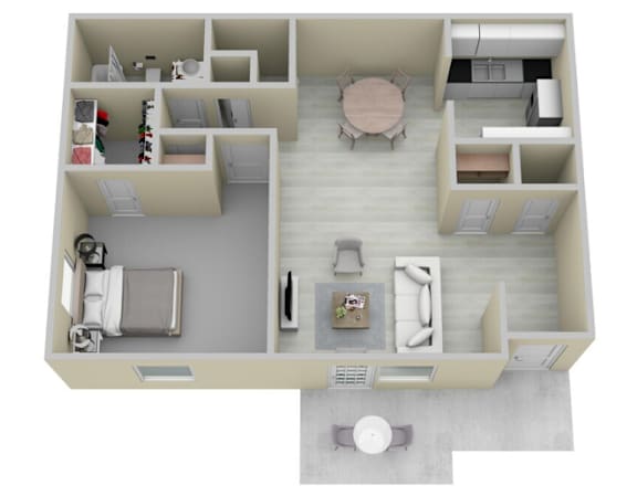 Floor Plan  A 3D floor plan of a small apartment with a kitchen, living room, and bedroom.