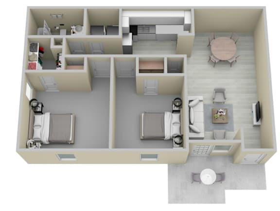 Floor Plan  A 3D floor plan of a house with two bedrooms, a living room, a kitchen, and a bathroom.