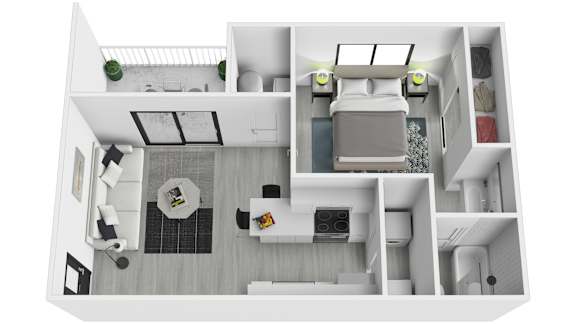 Floor Plan  A top down view of a modern apartment with a kitchen, living room, and bathroom.