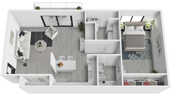 Floor Plan  A 3D floor plan of a house with a kitchen, living room, and bedrooms.