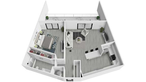 Floor Plan  A white model of a house with a kitchen, living room, and bathroom.