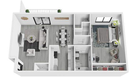 Floor Plan  A 3D floor plan of a small apartment with a kitchen, living room, and bedroom.