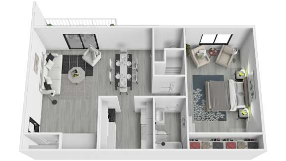 Floor Plan  A top-down view of a house interior with a kitchen, living room, and bedrooms.