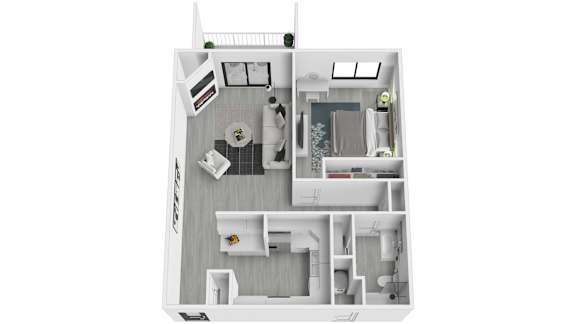 Floor Plan  A white floor plan of a small apartment with a kitchen, living room, and bathroom.