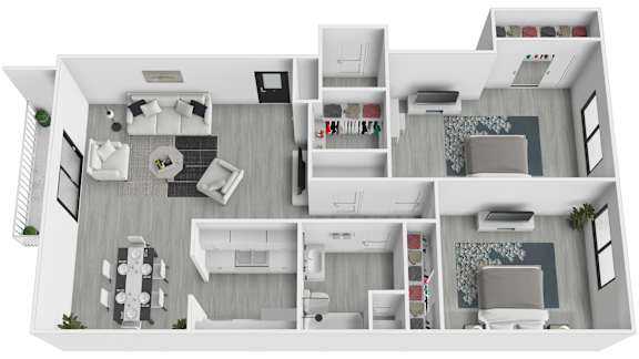 Floor Plan  A 3D floor plan of a house showing the layout of the rooms.