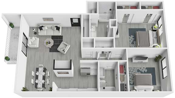 Floor Plan  A 3D floor plan of a house with a living room, kitchen, dining room, and bedrooms.