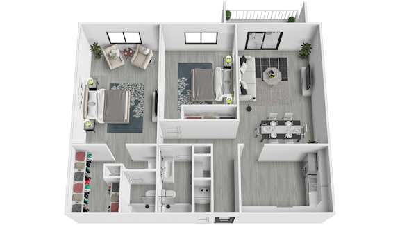 Floor Plan  A top-down view of a house layout with a kitchen, living room, and bathroom.