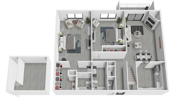 Floor Plan  A 3D floor plan of a house with a kitchen, living room, and bathroom.