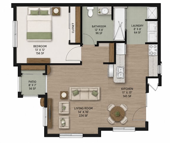 Floor Plan  A floor plan of a cottage style one bedroom apartment, with a living room, kitchen, bathroom, laundry, and bedrooms.