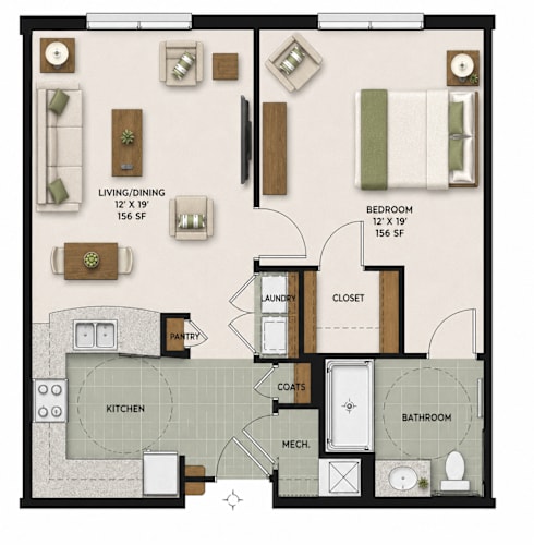 Floor Plan  A floor plan of a house with a living room, dining room, kitchen, pantry, bathroom, and bedroom.