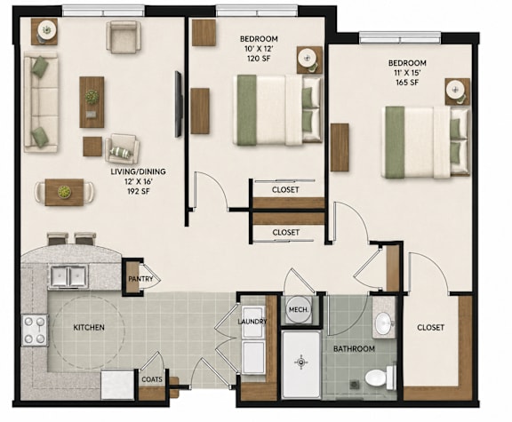 Floor Plan  A floor plan of a house with two bedrooms, a living room, a kitchen, a bathroom, a pantry, a laundry room, and a closet.