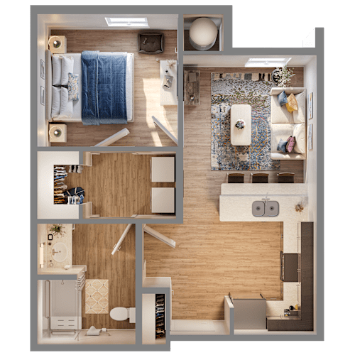 Floor Plan  A 3D floor plan of a small apartment with a bedroom, bathroom, kitchen, and living room.