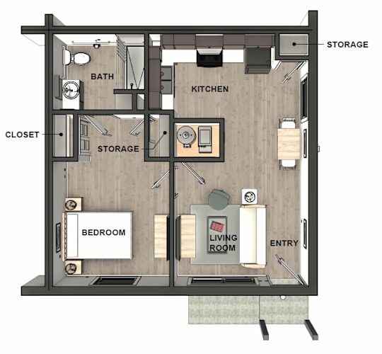 Floor Plan  A drawing of a floor plan for an apartment with a bedroom, living room, kitchen, and bathroom.