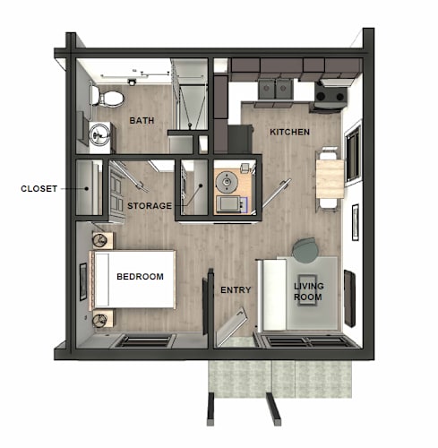 Floor Plan  A floor plan of a small apartment with a bedroom, kitchen, storage, bathroom, and living room.