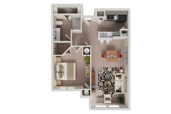 Floor Plan  A floor plan of a house with a kitchen, living room, dining room, and bathroom.