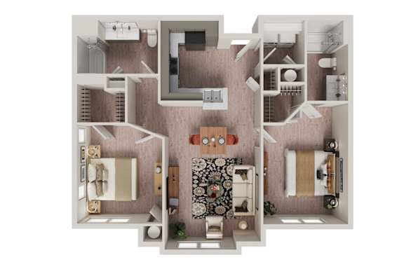 Floor Plan  A top-down view of a small apartment with a kitchen, living room, and bathroom.