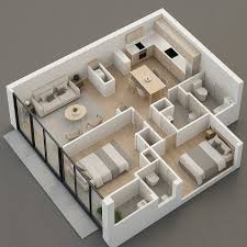 Floor Plan  A 3D model of a house layout with a kitchen, living room, and bathroom.