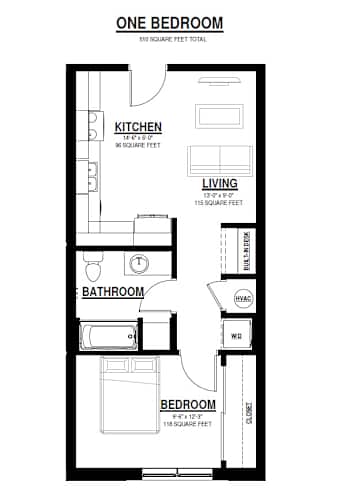 Floor Plan  A floor plan of a one bedroom apartment with a kitchen, bathroom, and bedroom.