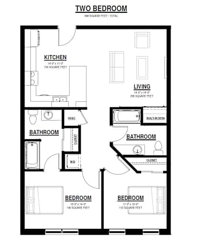 Floor Plan  A black and white image of a two bedroom apartment floor plan.