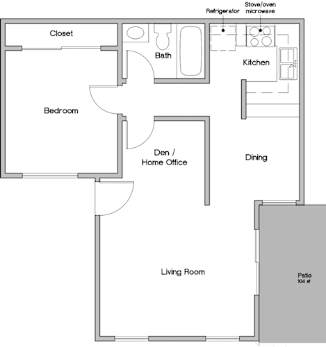 Floor Plan  A floor plan of a house with a living room, dining area, kitchen, bathroom, bedroom, closet, den/home office, and patio.
