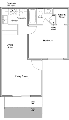 Floor Plan  A floor plan of a small apartment with a living room, dining area, kitchen, bathroom, bedroom, and a patio.