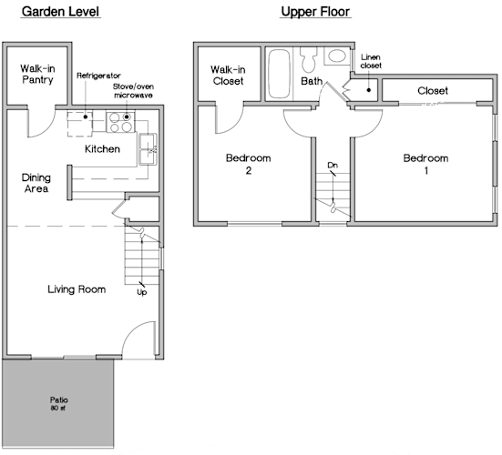 Floor Plan  A diagram shows the layout of a house with a garden level and an upper floor.