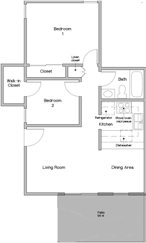 Floor Plan  A floor plan of a house with two bedrooms, a living room, a dining area, a kitchen, a bath, and a walk-in closet.