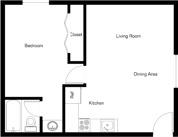 Floor Plan  A floor plan of a small apartment with a bedroom, living room, dining area and kitchen.