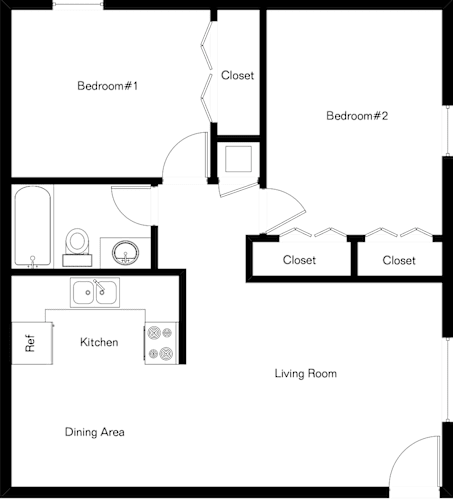 Floor Plan  A floor plan of a house with two bedrooms, a living room, a dining area, a kitchen, a ref, and closets.