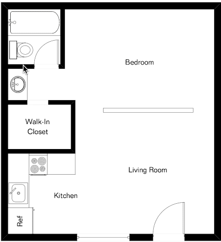 Floor Plan  A floor plan of a small apartment with a bedroom, living room, kitchen, and a walk-in closet.