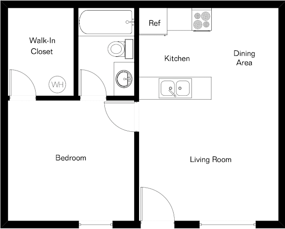 Floor Plan  A floor plan of a house with a bedroom, living room, kitchen, dining area and a walk-in closet.