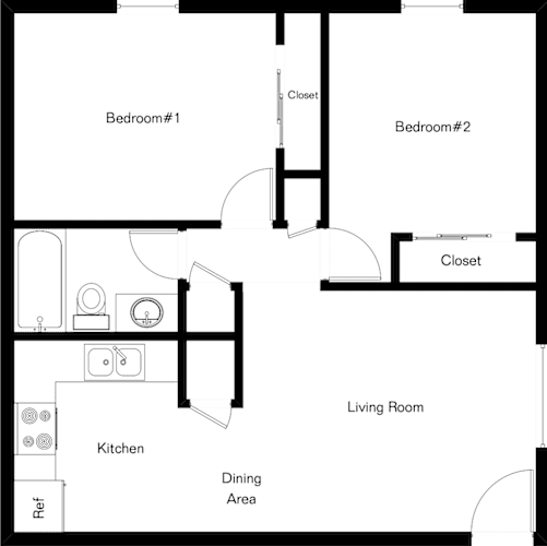 Floor Plan  A black and white image of a floor plan for a home with two bedrooms, a living room, a kitchen, a dining area, and a reference wall.