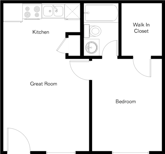 Floor Plan  A floor plan of a house with a kitchen, great room, bedroom, and walk-in closet.