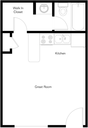 Floor Plan  A floor plan of a house with a walk in closet, kitchen, and great room.