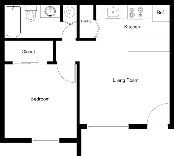 Floor Plan  A black and white floor plan of a small apartment with a kitchen, living room, bedroom, and closet.